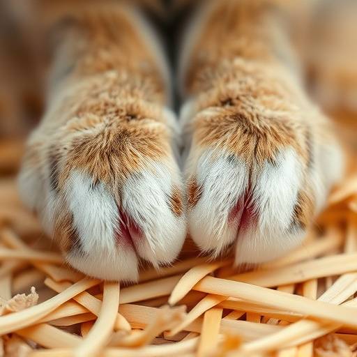 Detalle de las patas de un conejo sobre virutas de madera.