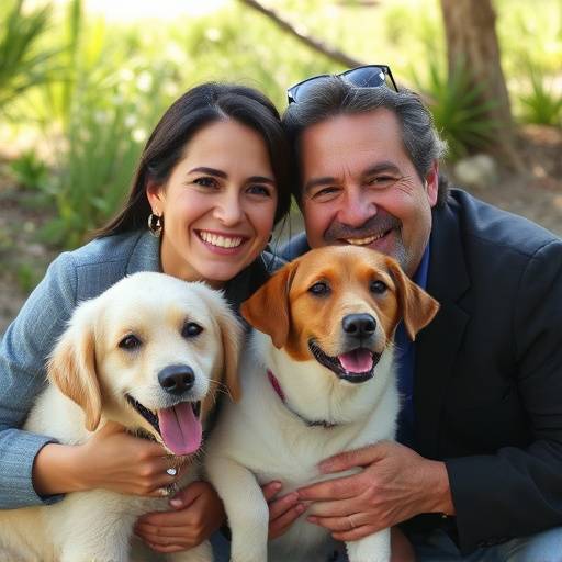 Foto de Elena Vargas y Javier Soler sonriendo en un entorno natural con mascotas.