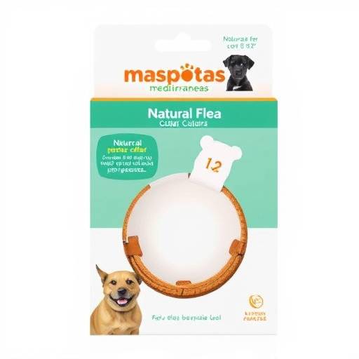 Paquete del collar antipulgas natural con el logo de Mascotas Mediterr&aacute;neas