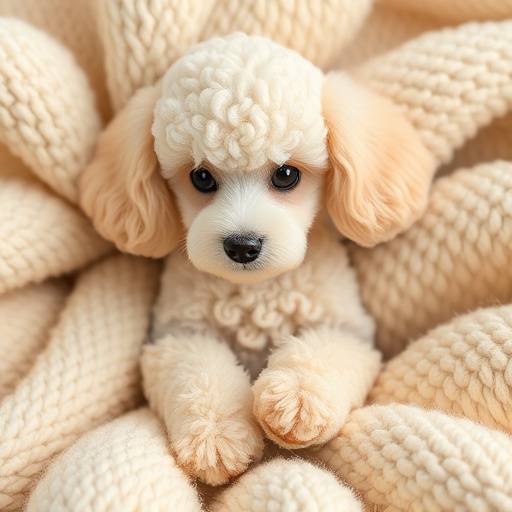 Un caniche toy acurrucado en una manta suave de color crema.