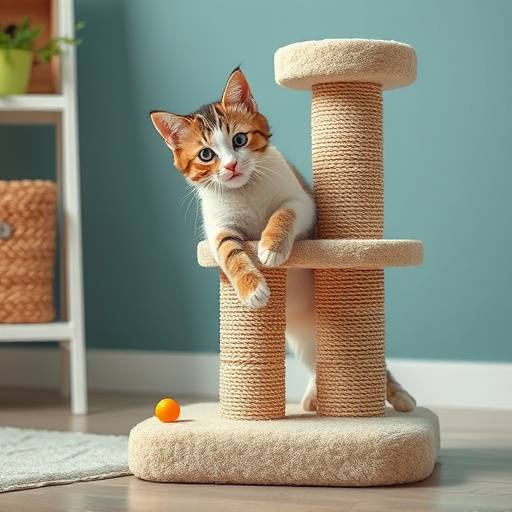 Un gato jugando con juguetes interactivos en un rascador moderno.