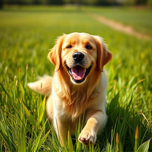 Un golden retriever jugando felizmente en un campo verde soleado.