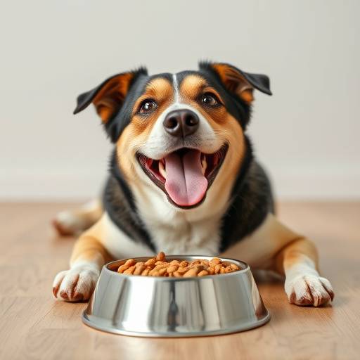 Un perro feliz comiendo de un cuenco con comida premium.
