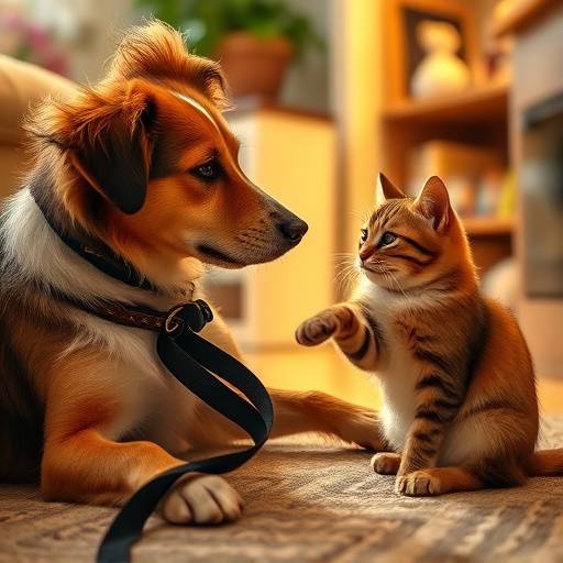 Un perro y un gato jugando juntos en un entorno dom&eacute;stico.