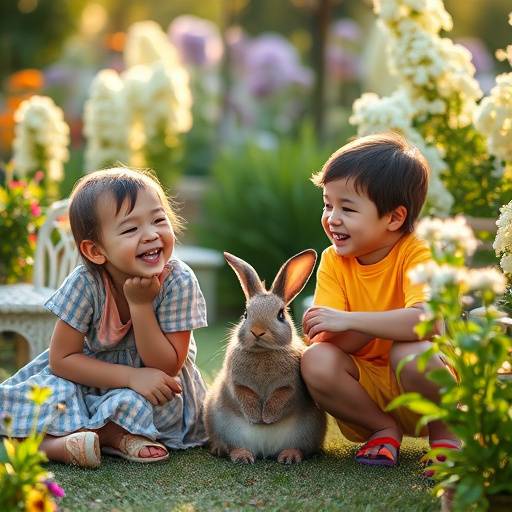 Una familia riendo mientras acarician a un conejito blanco en un jard&iacute;n.