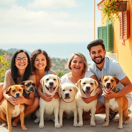 Una familia sonriente interactuando felizmente con sus mascotas diversas en un entorno soleado y mediterr&aacute;neo, representando la inclusividad y la alegr&iacute;a.